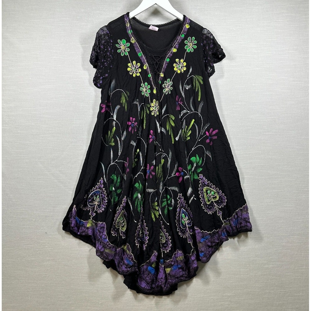 Asha Dress Womans Small Black Flowers Shift Vacation Mexican Painted Embroidered